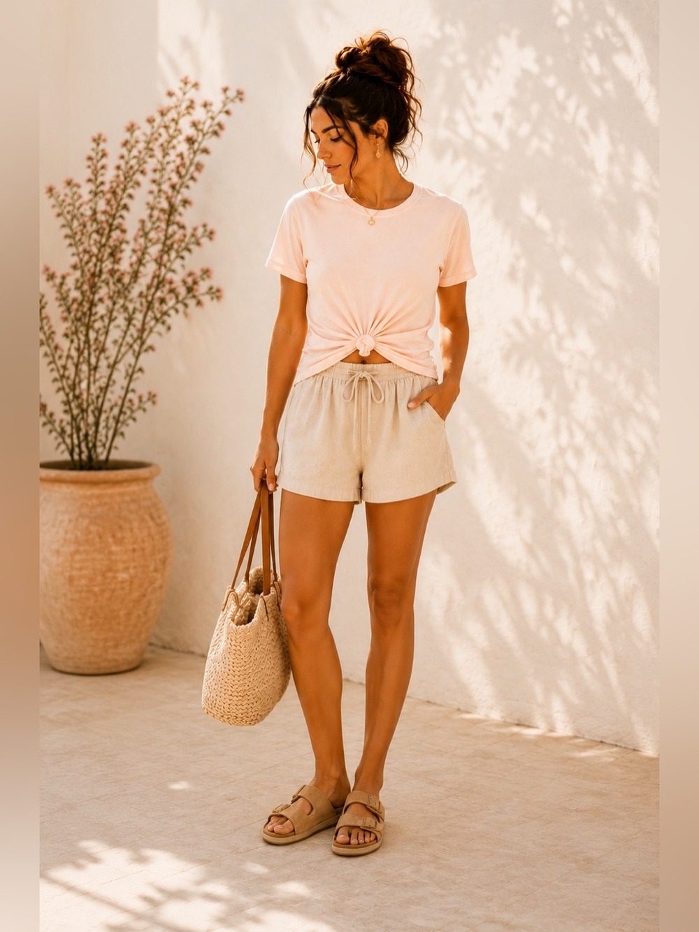 ☀️WE ME Pale Pink Knot Front Short Sleeve Tee | Soft Ruched Twist Hem Top | S/P